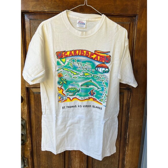 Caribbean St. Thomas Tee Hanes Shirt Adult Medium M‎ White Short Sleeve Mens - Picture 1 of 9